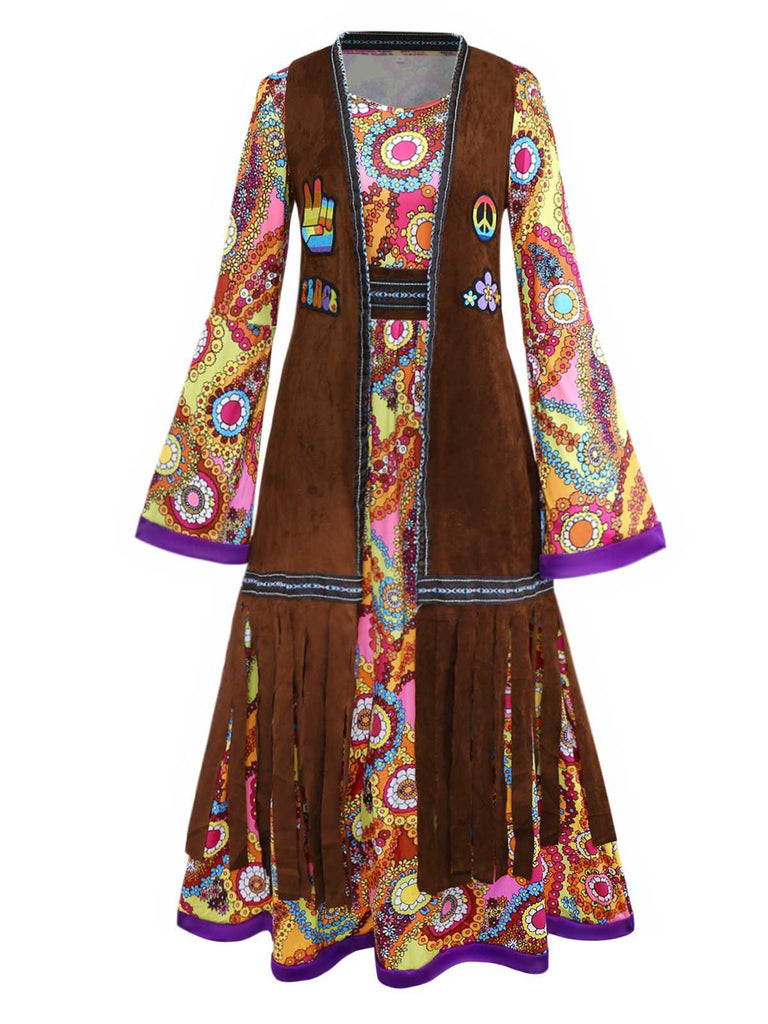 2PCS 1970s Fringe Vest & Psychedelic Hippie Costume Dress