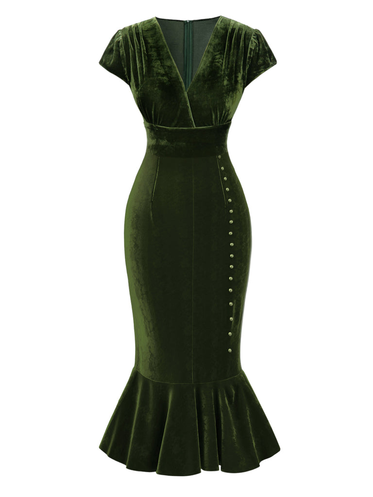 Green 1930s Button V-Neck Velvet Fishtail Dress
