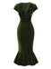 Green 1930s Button V-Neck Velvet Fishtail Dress