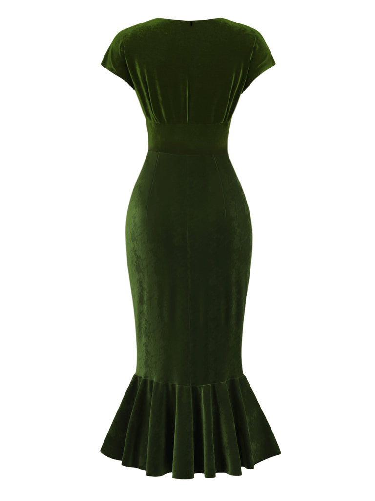 Green 1930s Button V-Neck Velvet Fishtail Dress