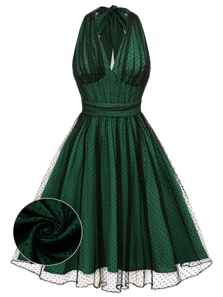 Green 1950s Christmas Halter Polka Dots Mesh Dress
