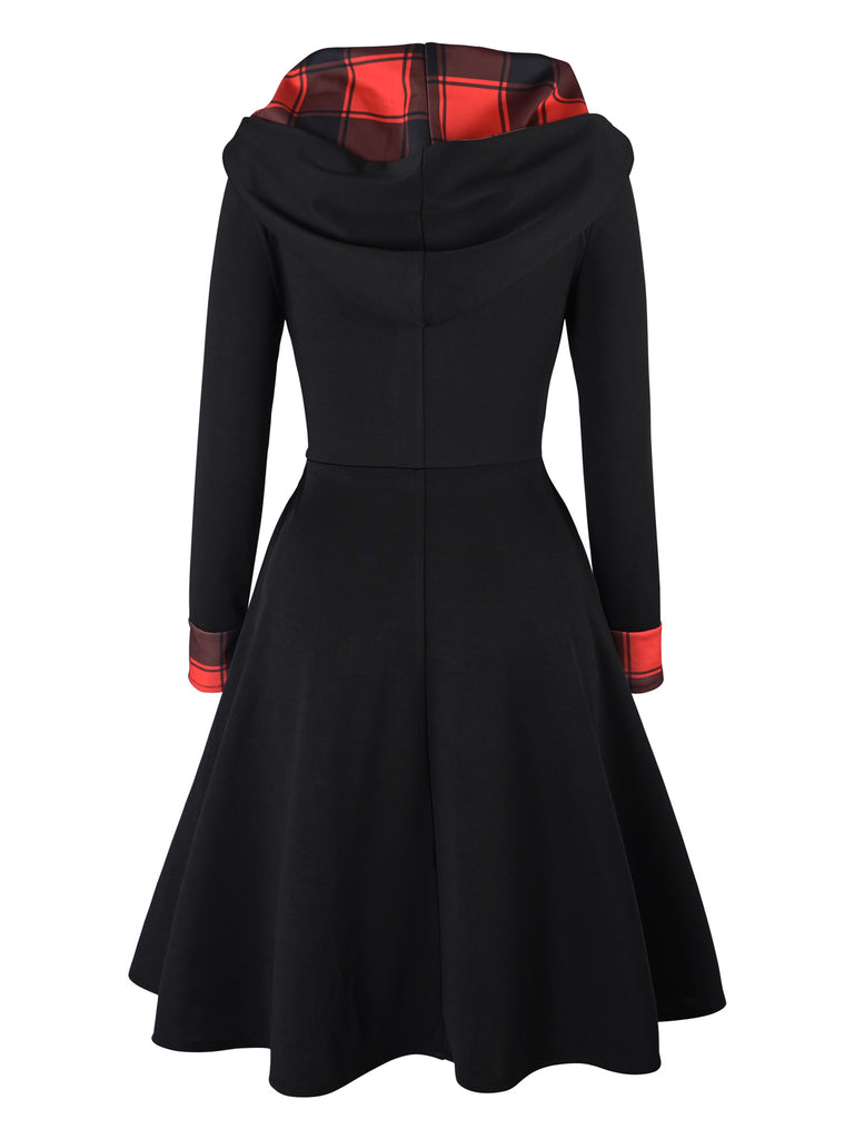 Orange 1950s Plaids Hooded Patchwork Dress