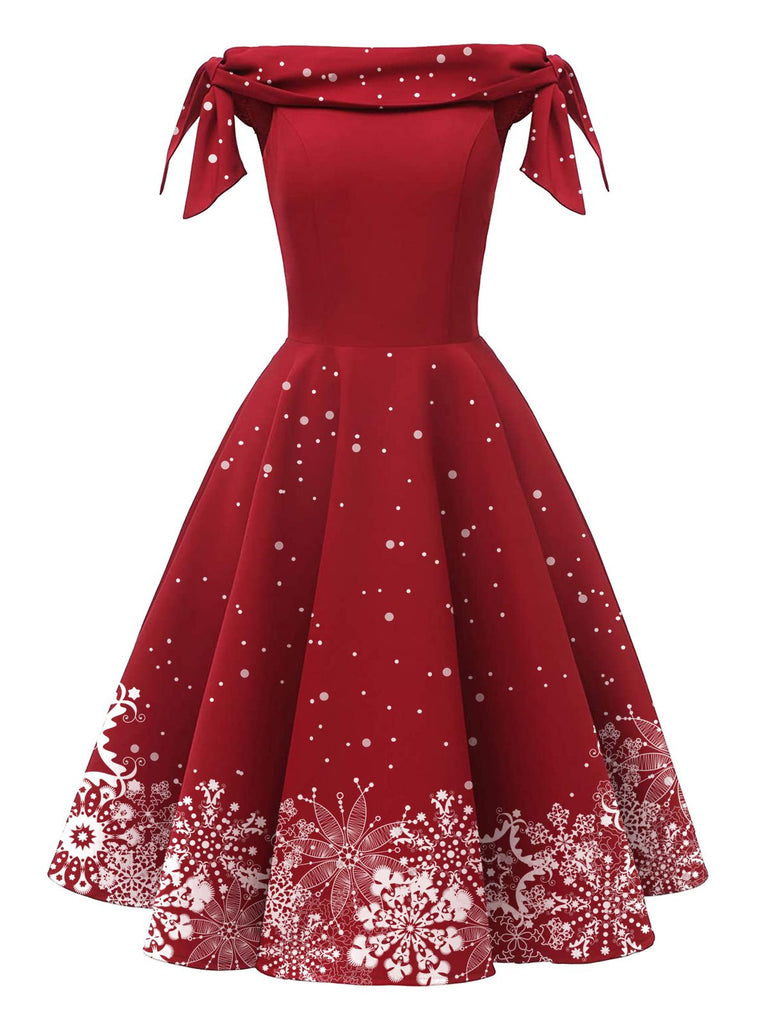 Green 1950s Christmas Snowflake Off-Shoulder Dress
