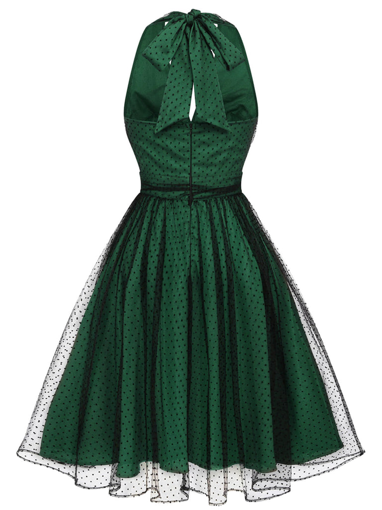 Green 1950s Christmas Halter Polka Dots Mesh Dress