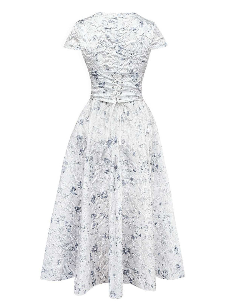 1940s Floral Crinkle-Jacquard Waistband Dress