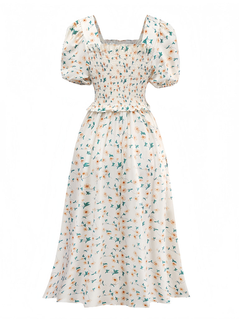 Yellow 1940s Floral Square Neck Dress