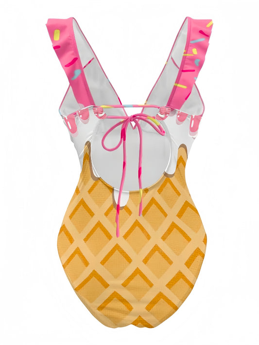 Pink 1970s Ruffled Tie Back Ice-Cream Swimsuit