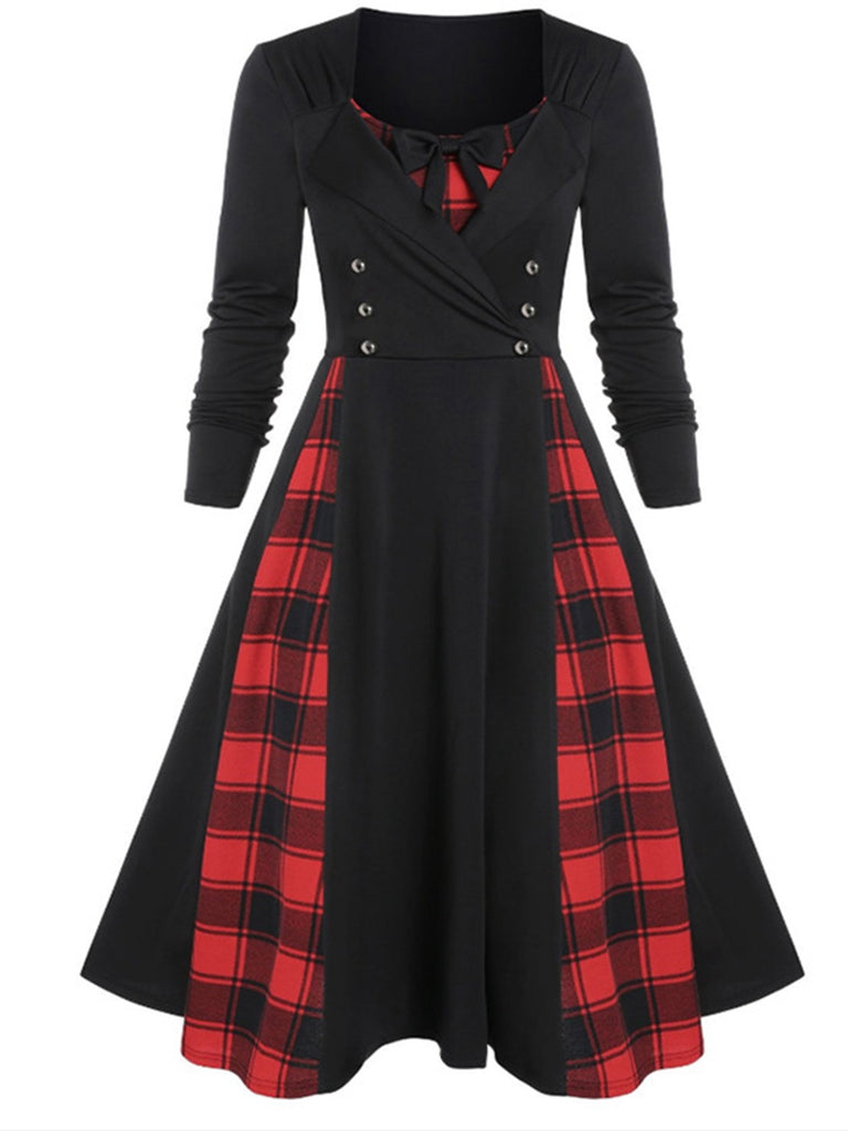 1950s Plaid Patchwork Gothic Pleated Dress