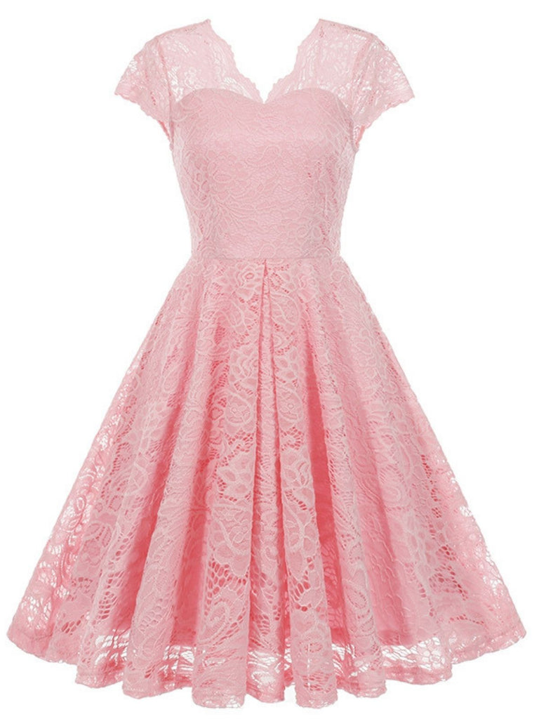 1950s Solid V-Neck Sleeveless Lace Dress