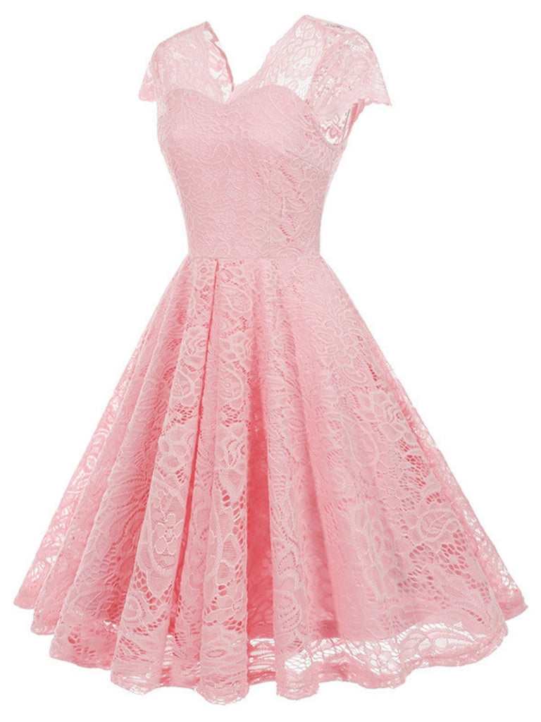 1950s Solid V-Neck Sleeveless Lace Dress