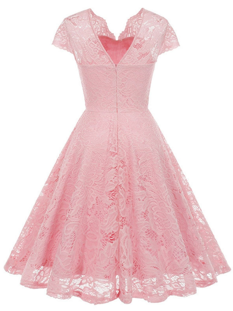 1950s Solid V-Neck Sleeveless Lace Dress