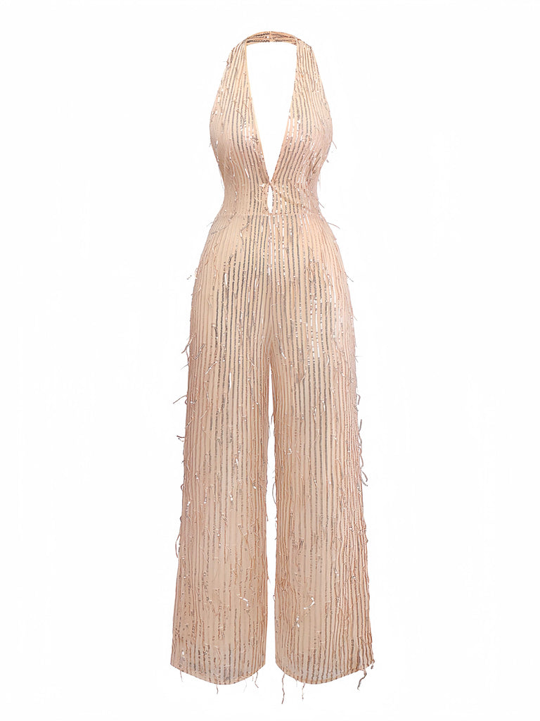 1970s Halter Deep V-Neck Sequin Fringe Jumpsuit