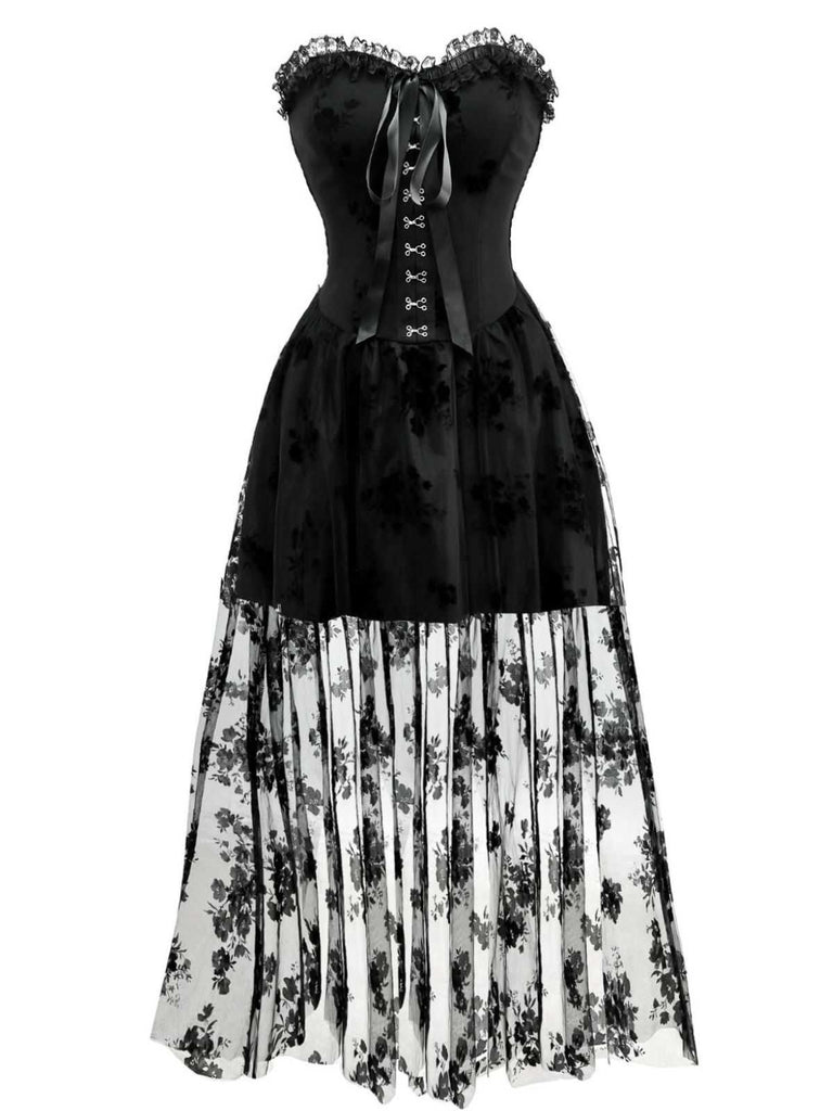 1970s Gothic Strapless Dark Bride Mesh Corset Dress