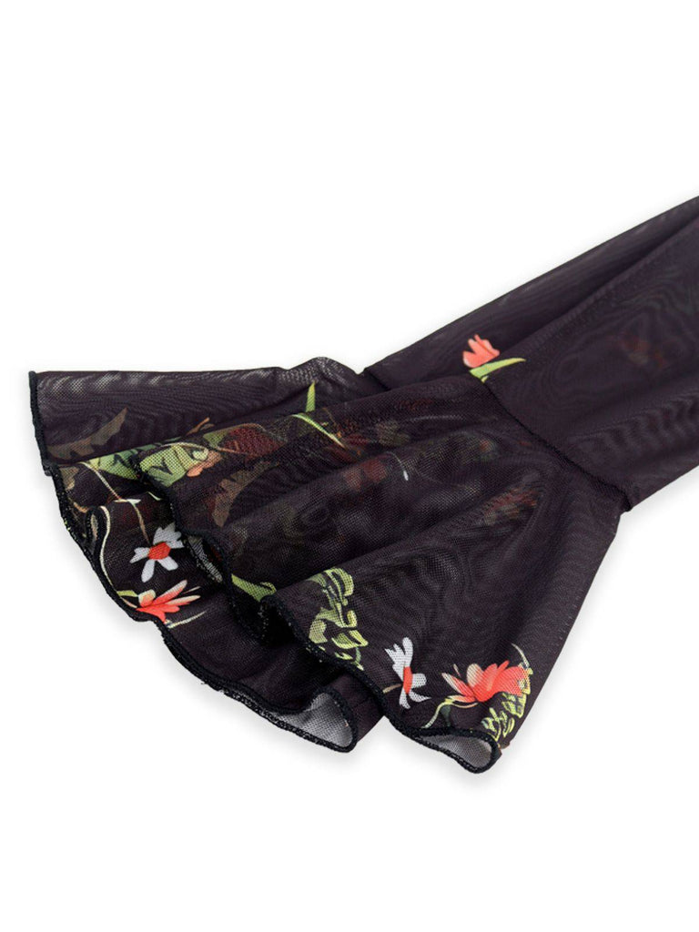 Black 1930s Floral Mesh Ruffle Maxi Dress