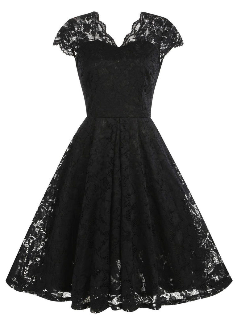 1950s Solid V-Neck Sleeveless Lace Dress