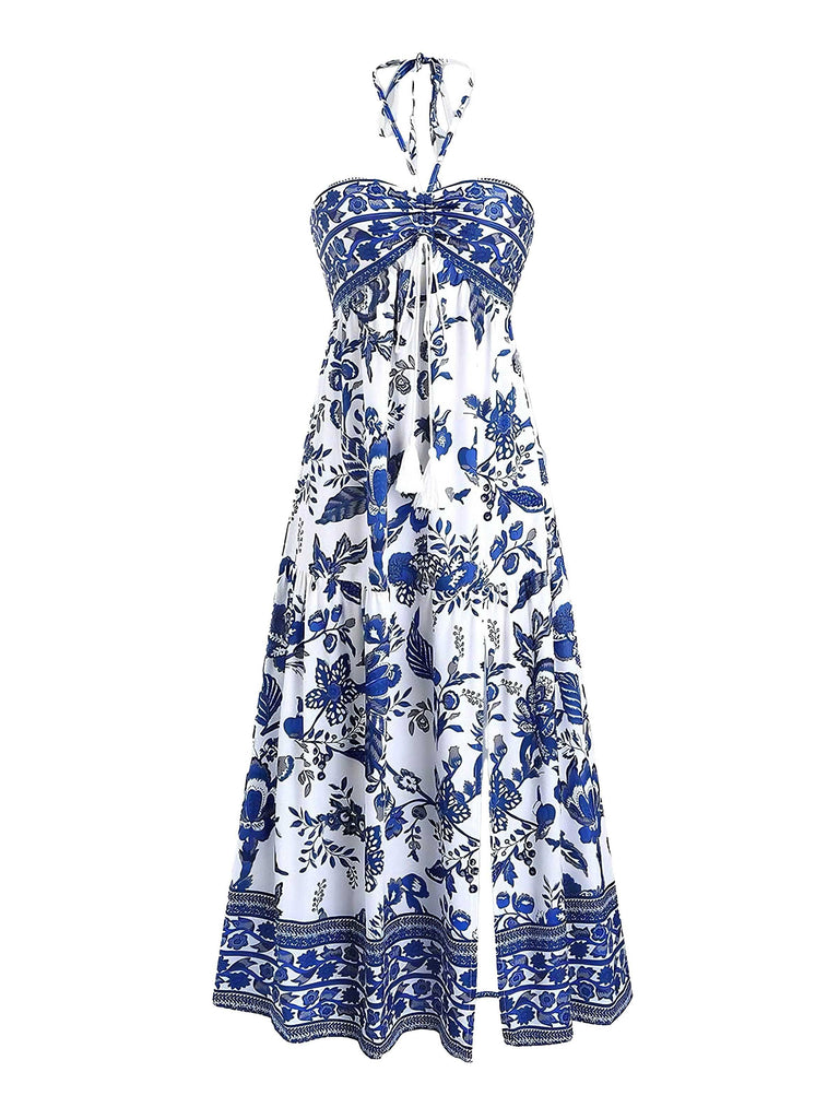 1970s Halter Ethnic Print Boho Dress