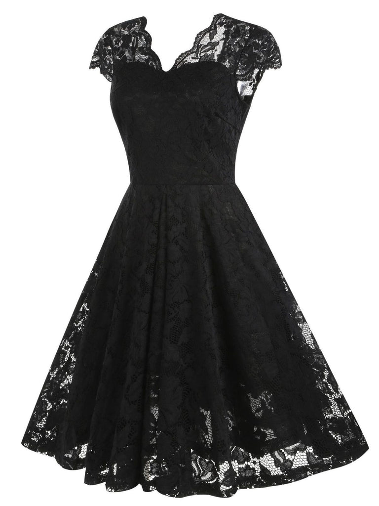 1950s Solid V-Neck Sleeveless Lace Dress