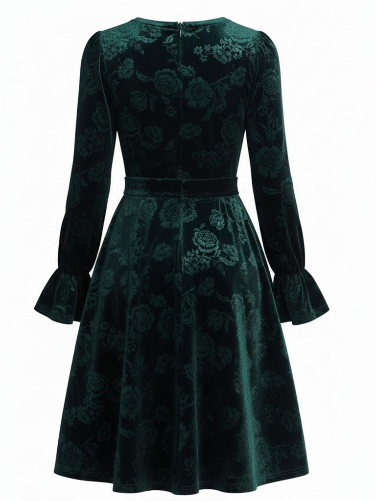 Green 1960s Velvet Rose Jacquard Dress
