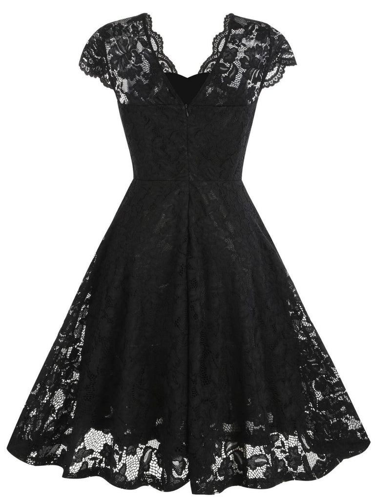1950s Solid V-Neck Sleeveless Lace Dress