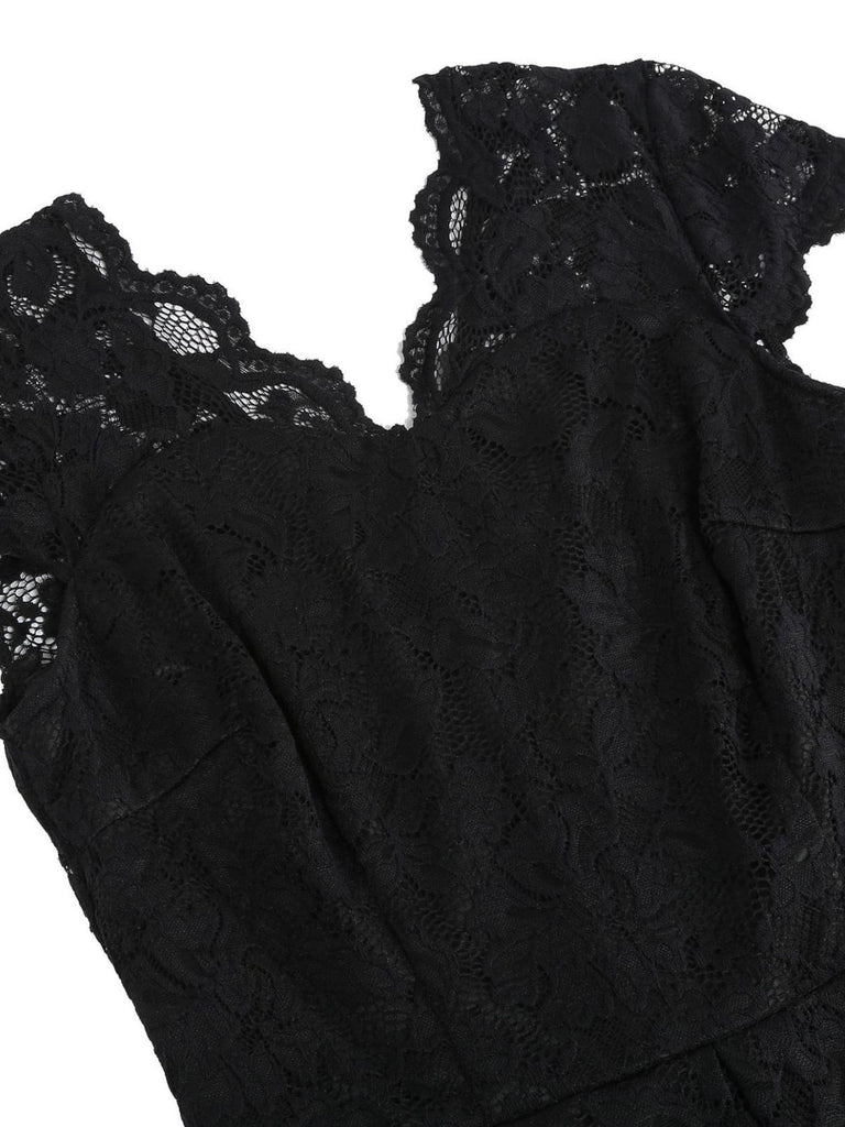 1950s Solid V-Neck Sleeveless Lace Dress