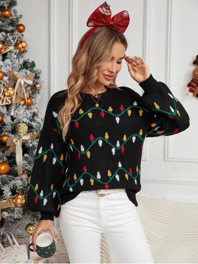 Black 1960s Christmas Lights Knit Sweater