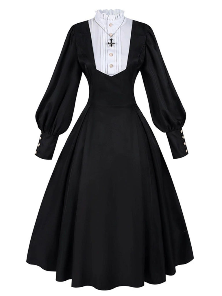 Black 1940s Nun-Style Cross Necklace Dress