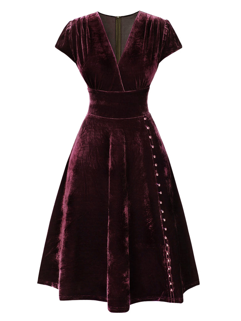 Red 1940s Deep V-Neck Pearl Velvet Dress