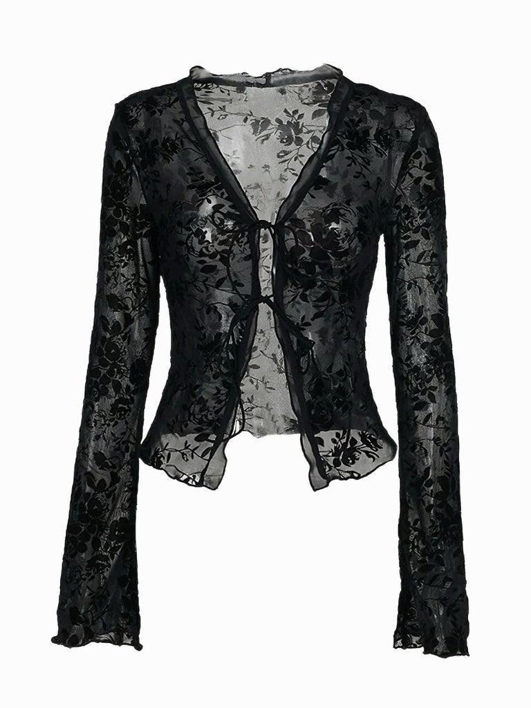 Black 1960s Water-soluble Lace Trim Sheer Blouse