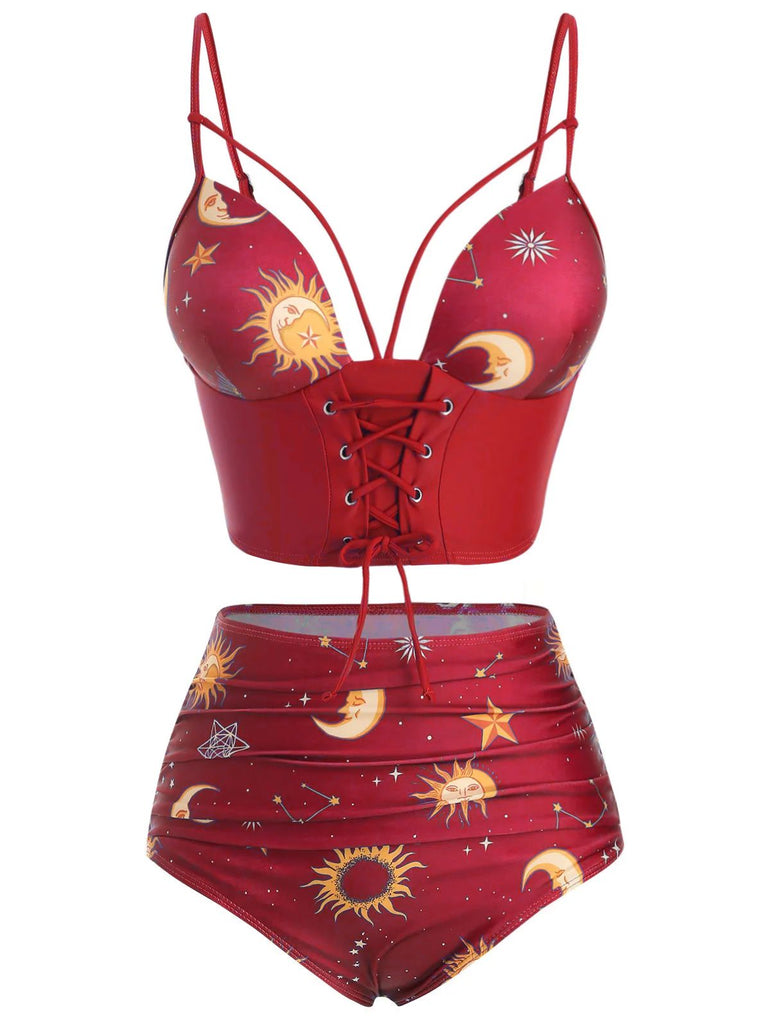Red 1940s Sun Moon Stars Lace-Up Swimsuit