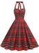 Red 1950s Halter Christmas Plaids Sleeveless Dress