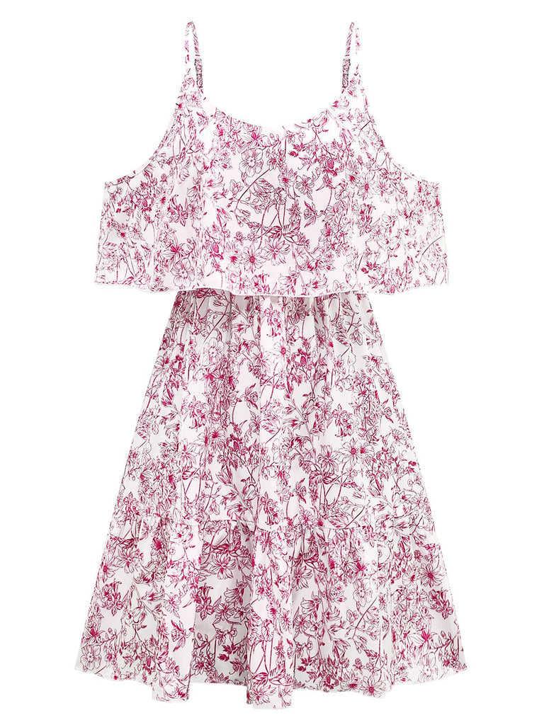 1950s Floral Cold Shoulder Ruffle Dress