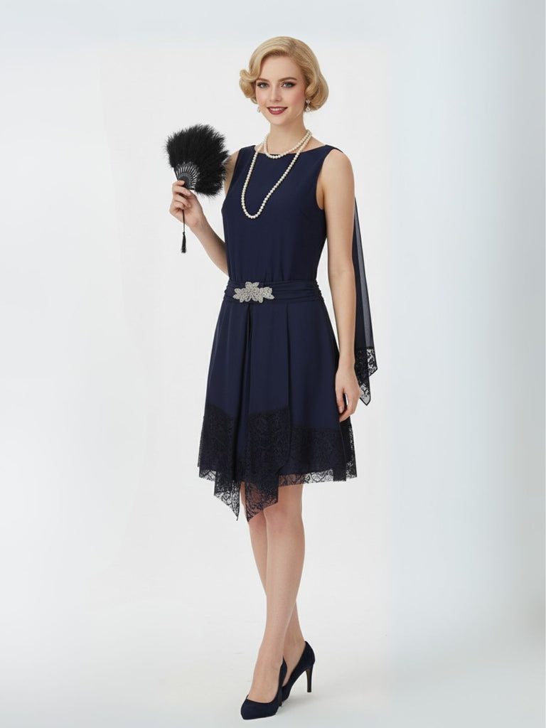 Blue 1920s Lace Patchwork Rhinestone Dress