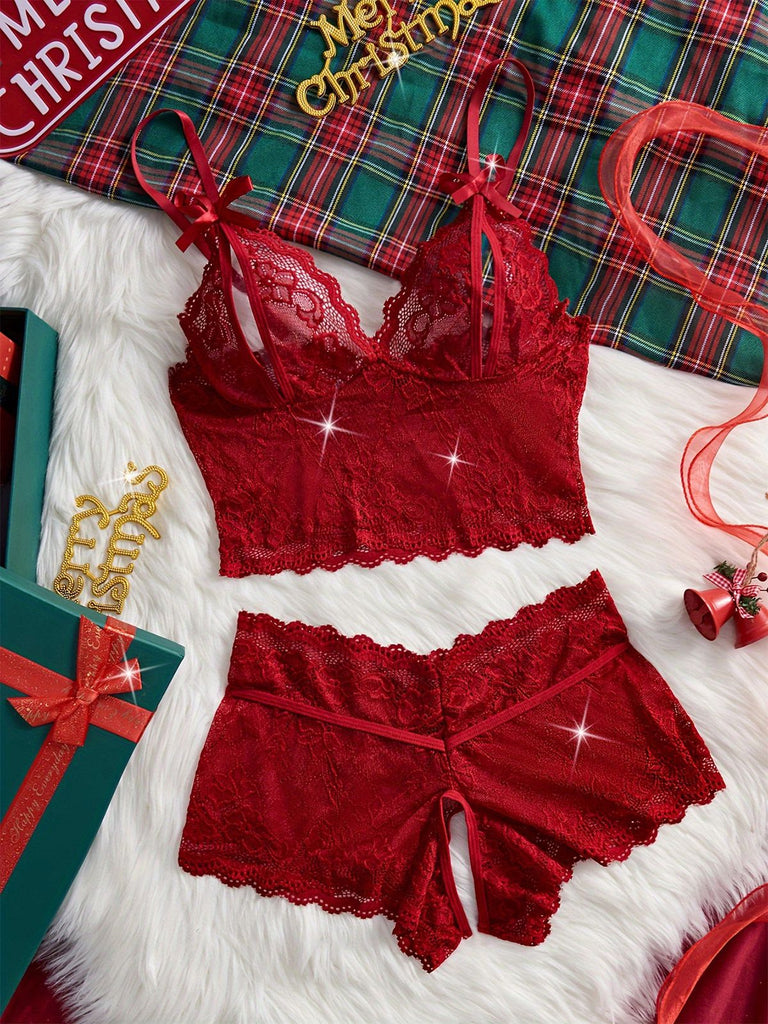 Red 1950s Lace Sheer Spaghetti Strap Sleepwear Set