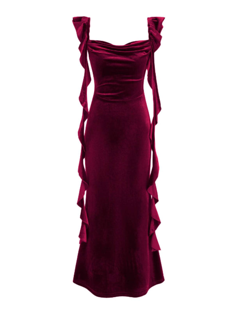 1940s Velvet Ribbon Strap Ruffled Detail Dress