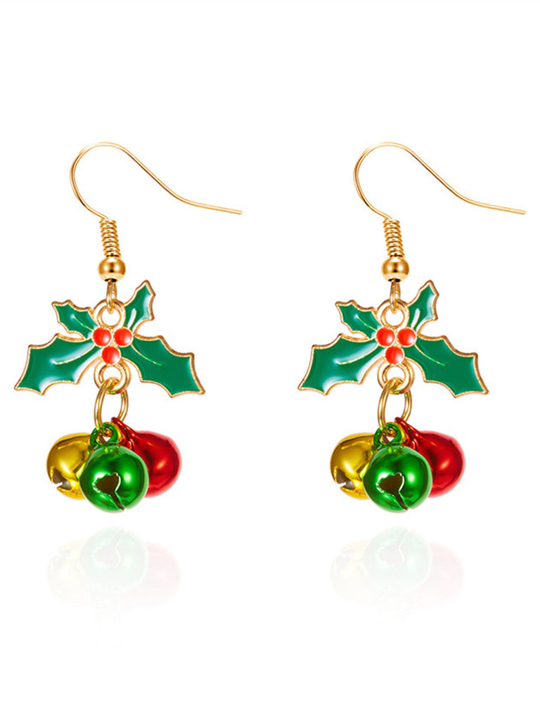 Christams Holly Leaf Jingle Bell Drop Earrings