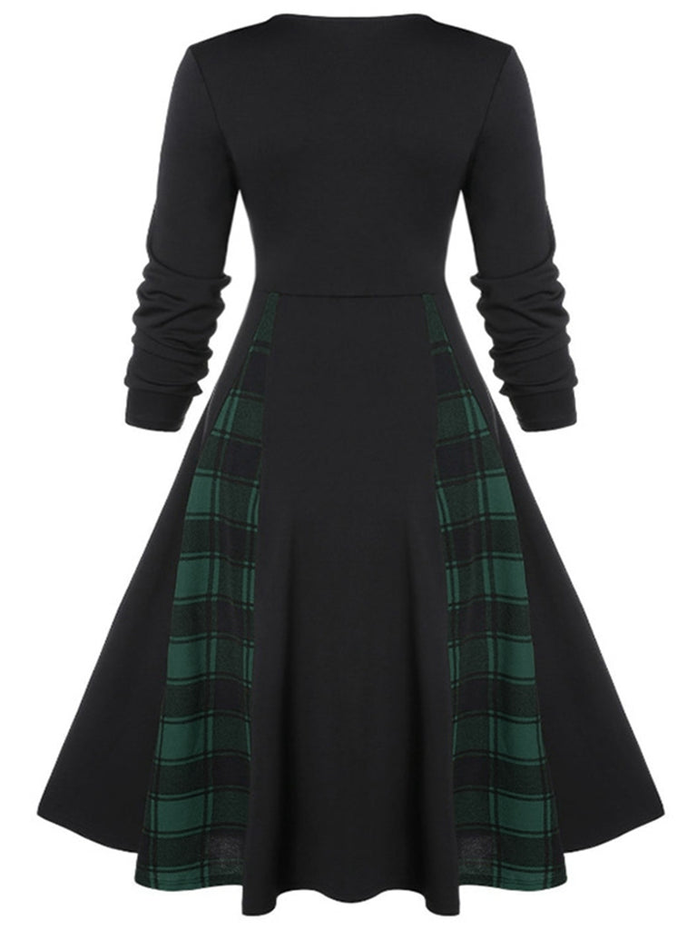 1950s Plaid Patchwork Gothic Pleated Dress