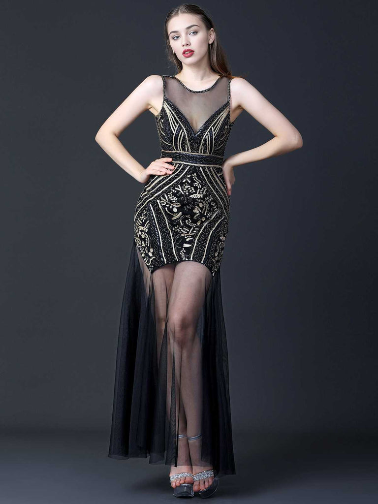 Black 1920s Round Neck Sheer Beading Dress