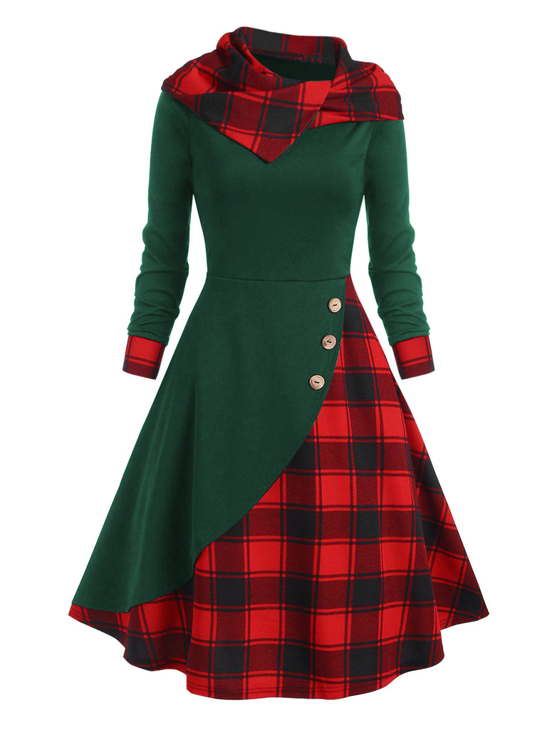 Orange 1950s Plaids Hooded Patchwork Dress