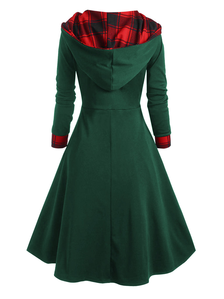 Orange 1950s Plaids Hooded Patchwork Dress