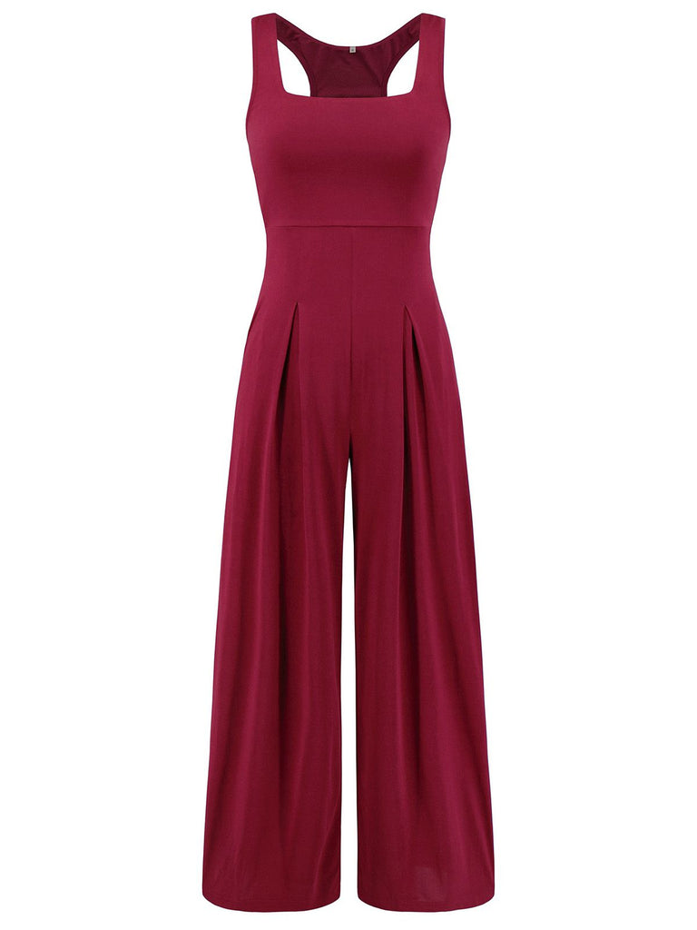 1950s Solid Square Neck Wide Strap Jumpsuit