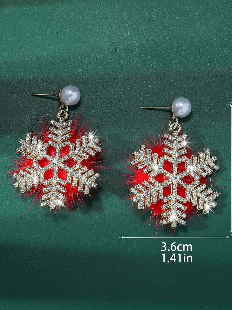 Christmas Fluffy Snowflake Diamond Pearl Earrings