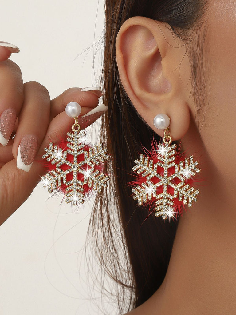 Christmas Fluffy Snowflake Diamond Pearl Earrings