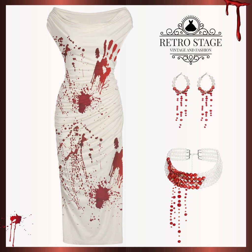 White 1960s Halloween Blood Pencil Dress
