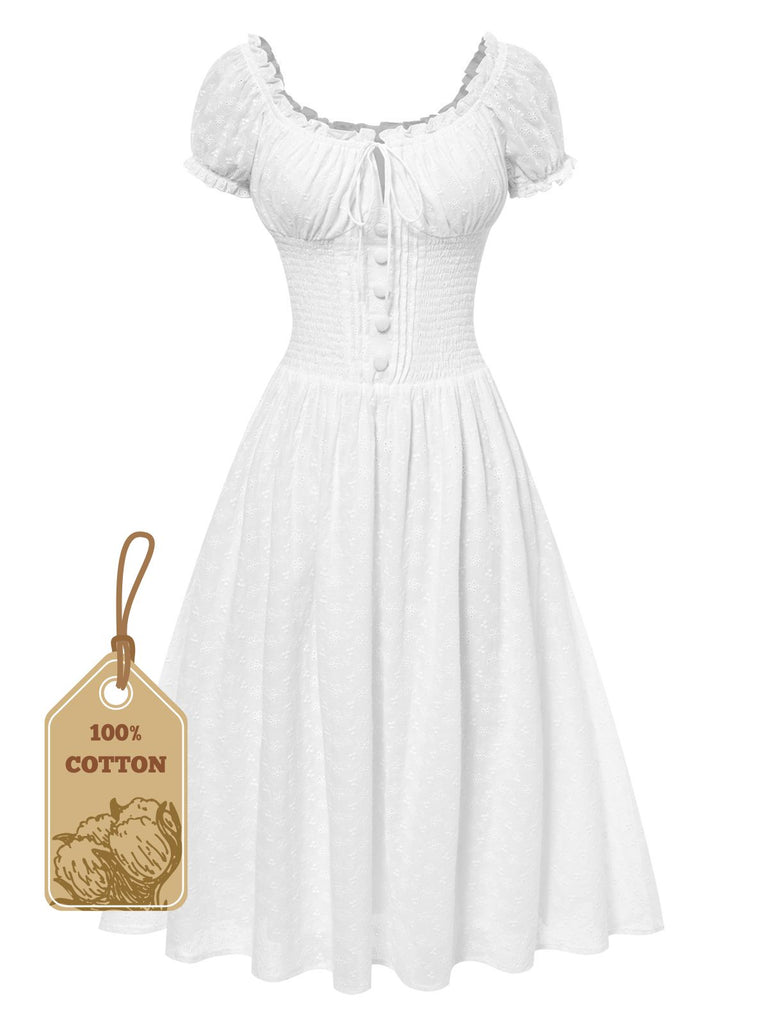 White 1940s Solid Cotton Embroidered Lace Dress