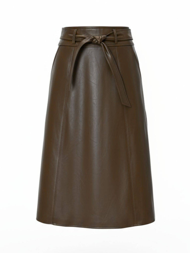 Brown 1980s Leather High-Waist Midi Skirt