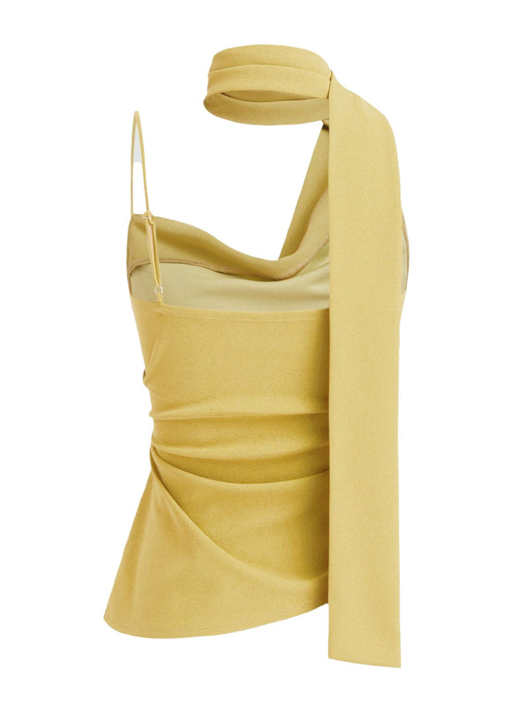 Yellow 1970s Scarf Neck Ruched Cowl Top