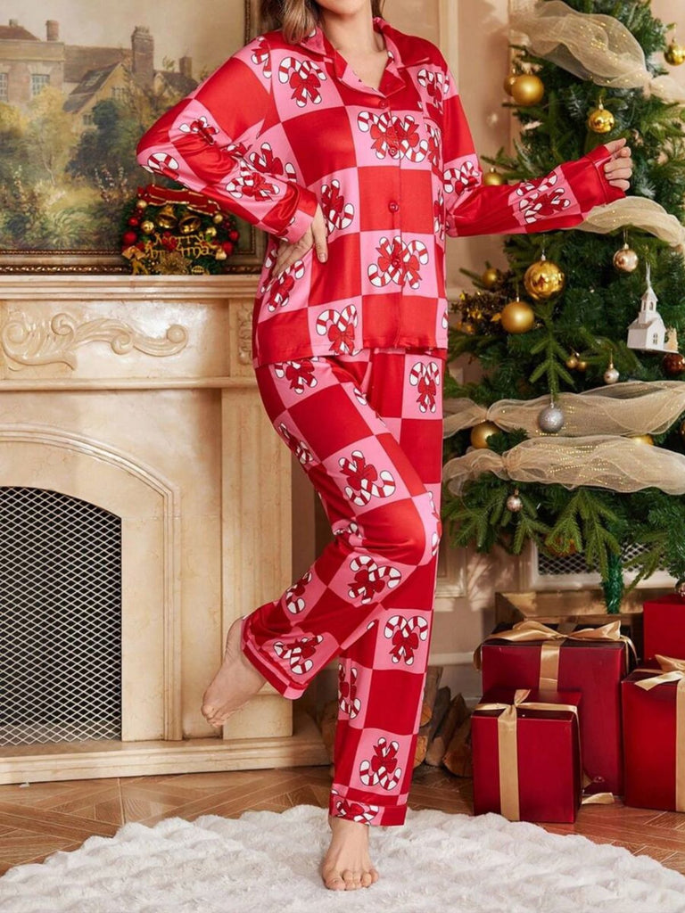 Red 1980s Christmas Checkerboard Candy Cane Pajama Set