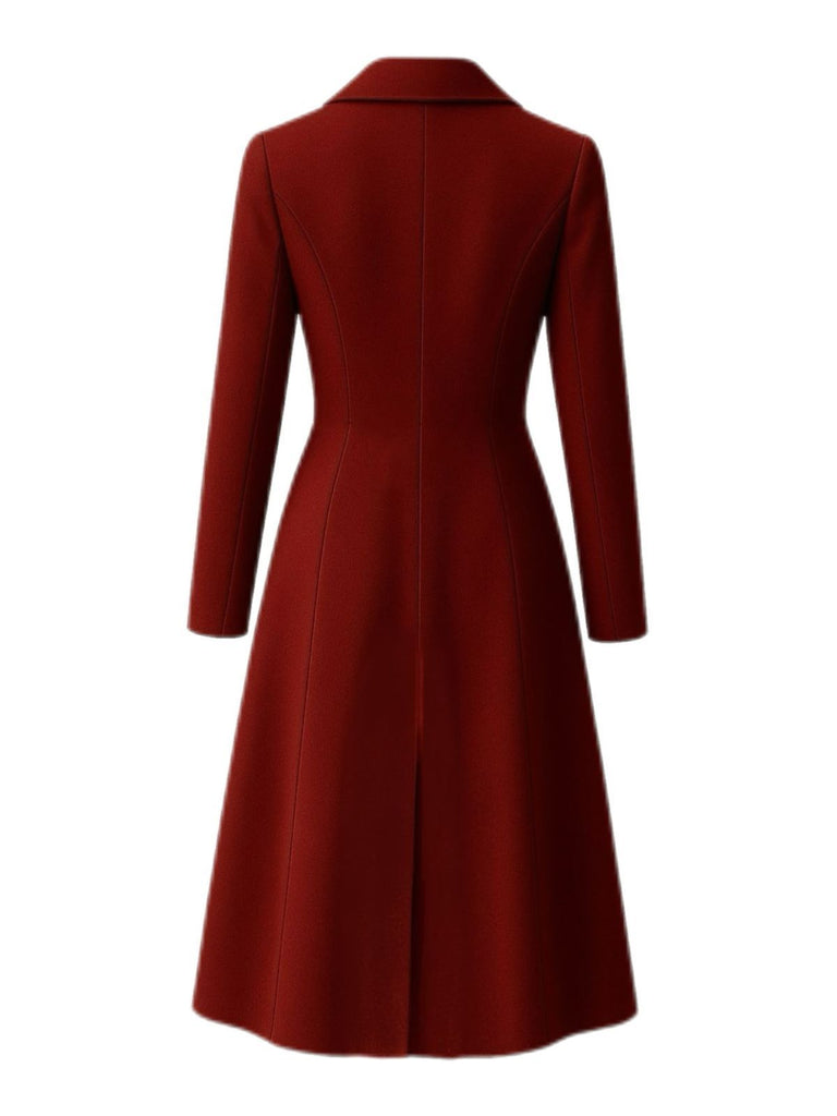 Burgundy 1930s Double Breasted Long Trench Coat