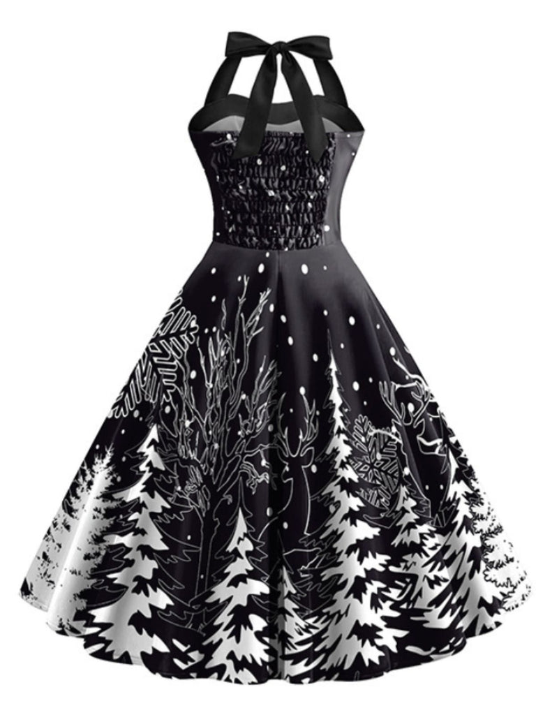 Black 1950s Christmas Halter Swing Dress