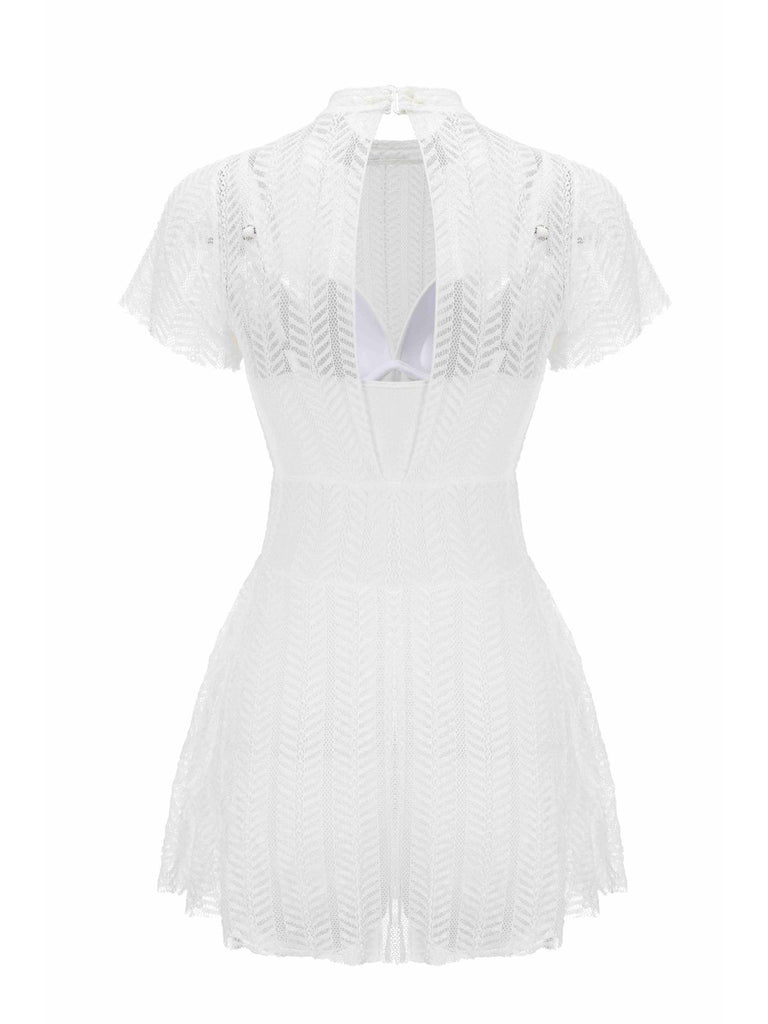 White 1940s Soild Lace Translucent Swimsuit